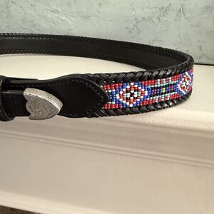 Vintage 90s EDDIE BAUER Beaded Belt Western 30 Leather Silver Buckle